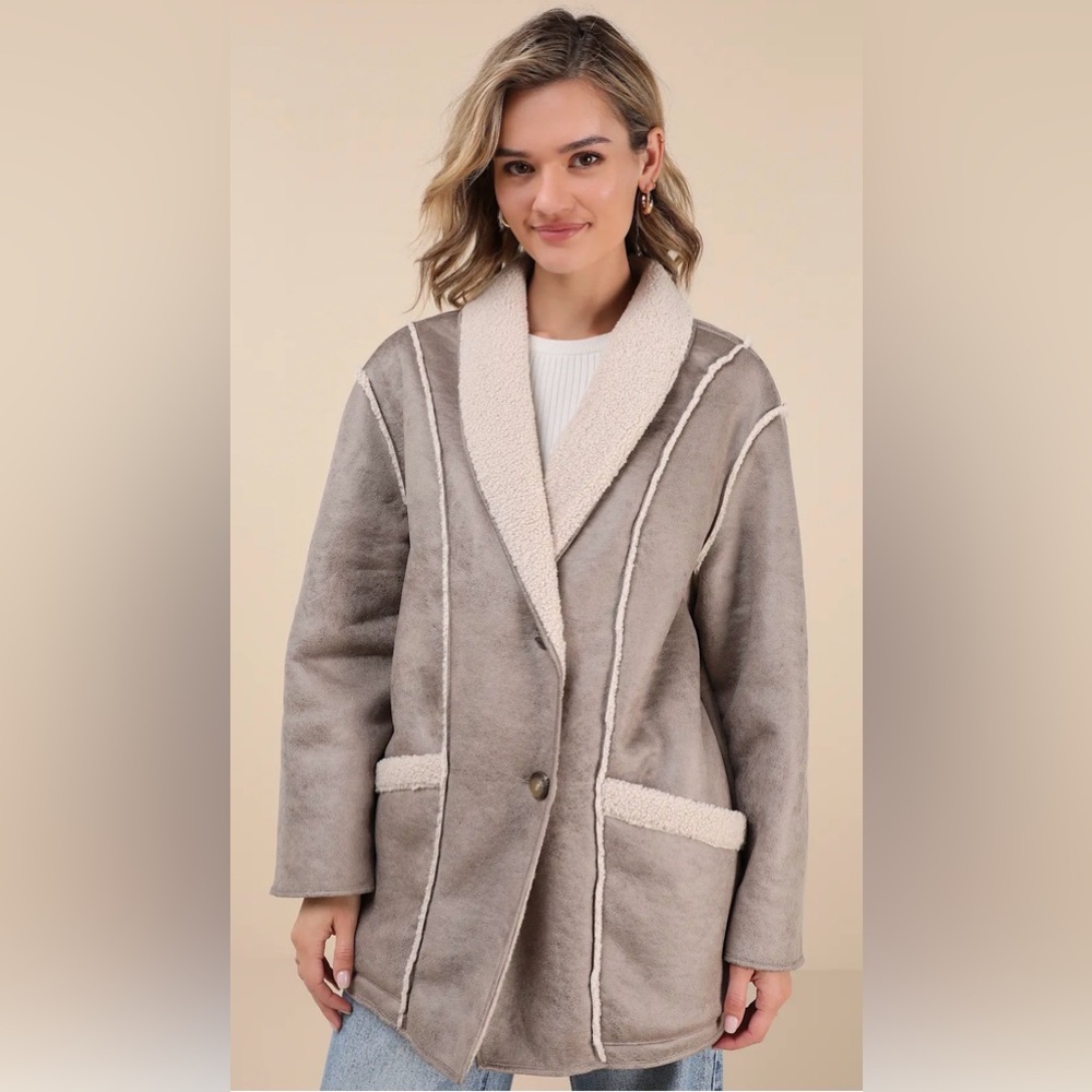 NATIVE YOUTH Claine Taupe Distressed Suede Shearling SO SOFT Coat
LARGE, NWT